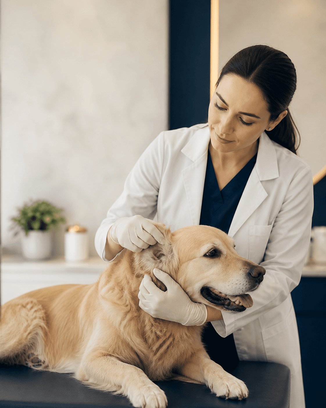 Veterinarian examining a dog's ear and skin