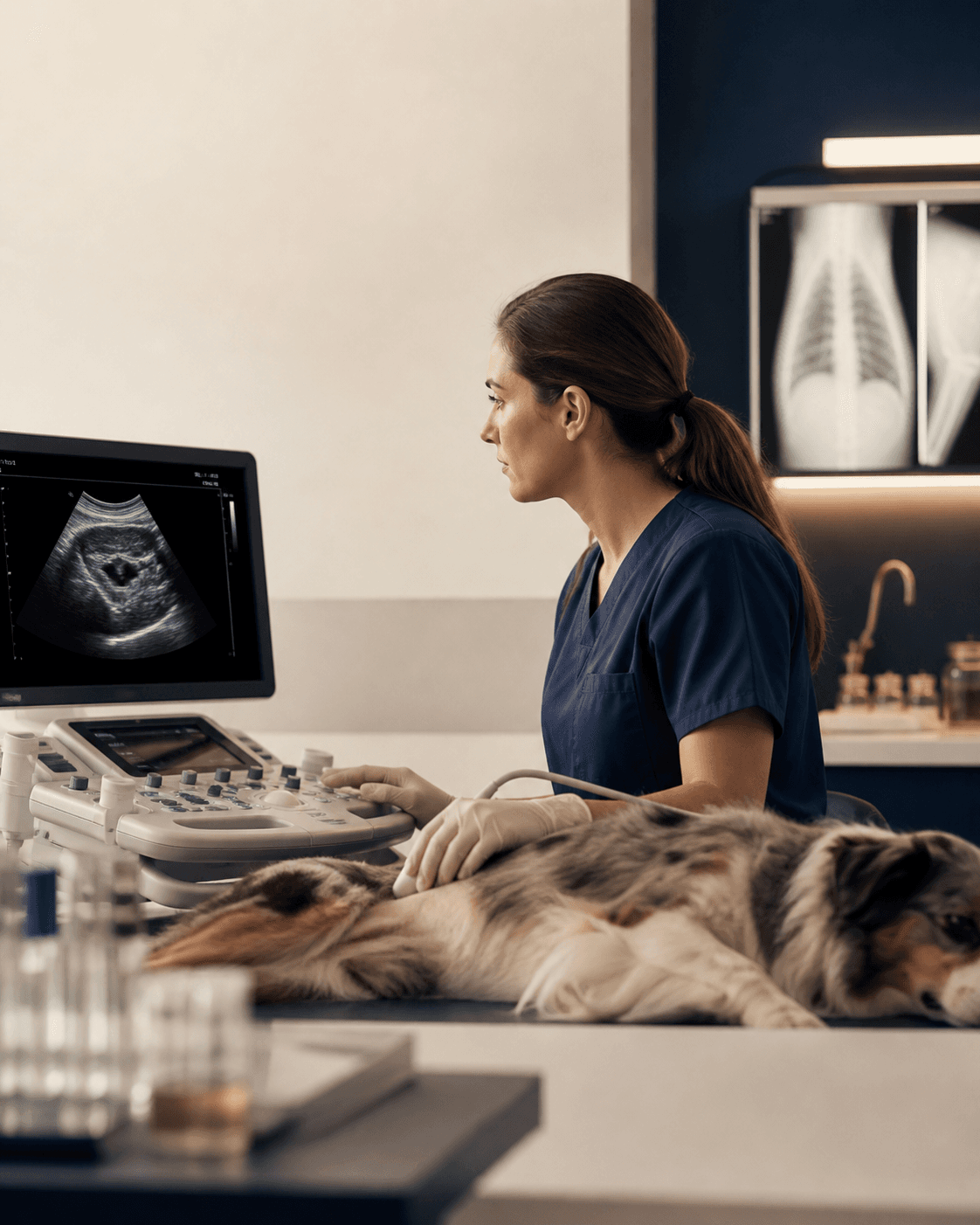 Veterinarian reviewing an ultrasound diagnostic scan for a dog