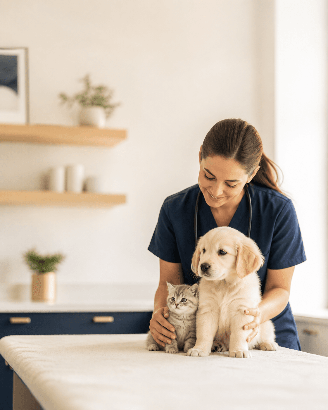 Veterinary team member caring for a puppy and kitten